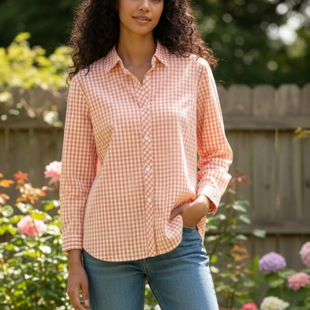 Laura Scott Women's Coral Gingham Button-Up Shirt